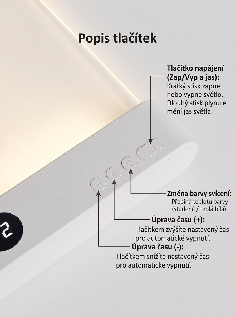 Popis ovládacích tlačítek — zapnutí, jas, teplota světla a časovač